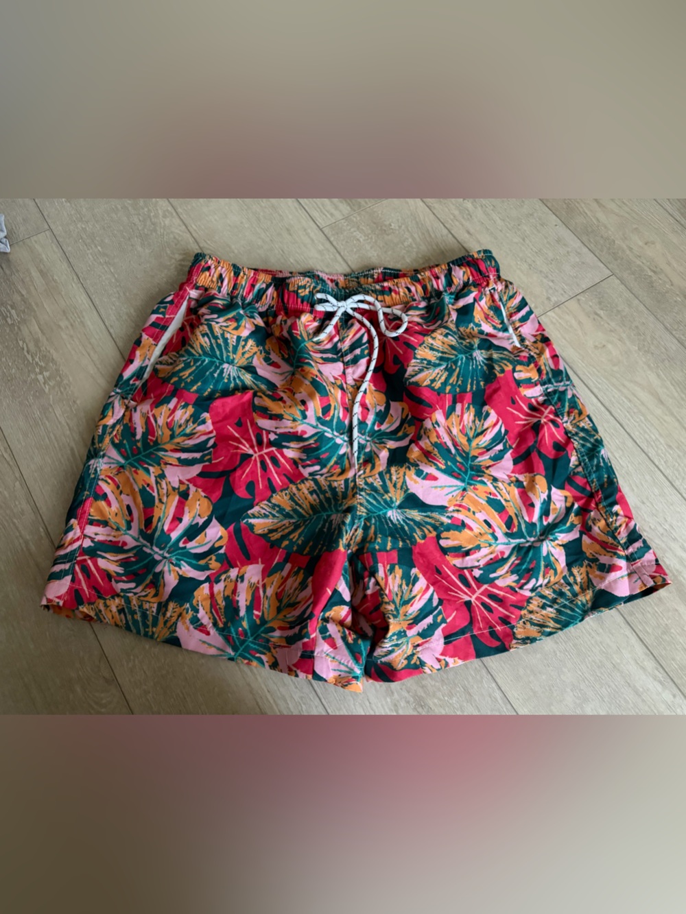 Tropical Leaf Print Swim Trunks - Pink & Green